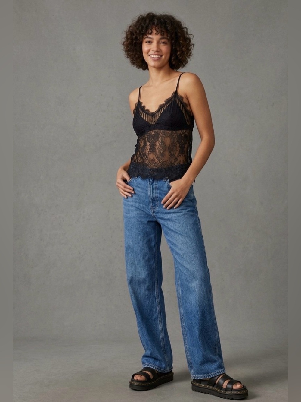 Black Eyelash Lace Camisole Sheer Spaghetti Strap Festival Grunge Layer Size S